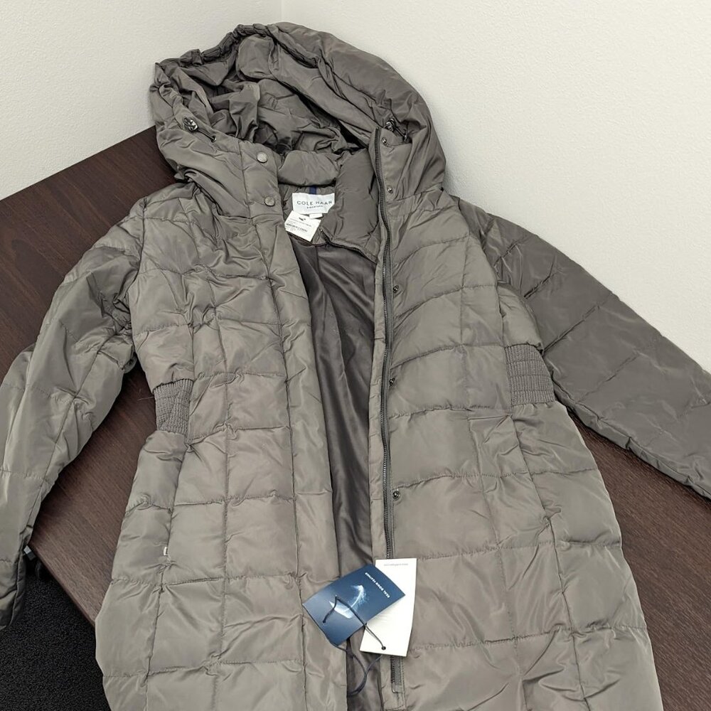 NWT New Cole Haan Long Puffer Zip bib Hooded Down Coat Carbon Grey Large